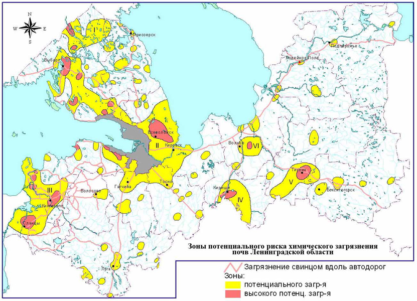 Карта Ленинградской области: химическое загрязнение почвы и воды